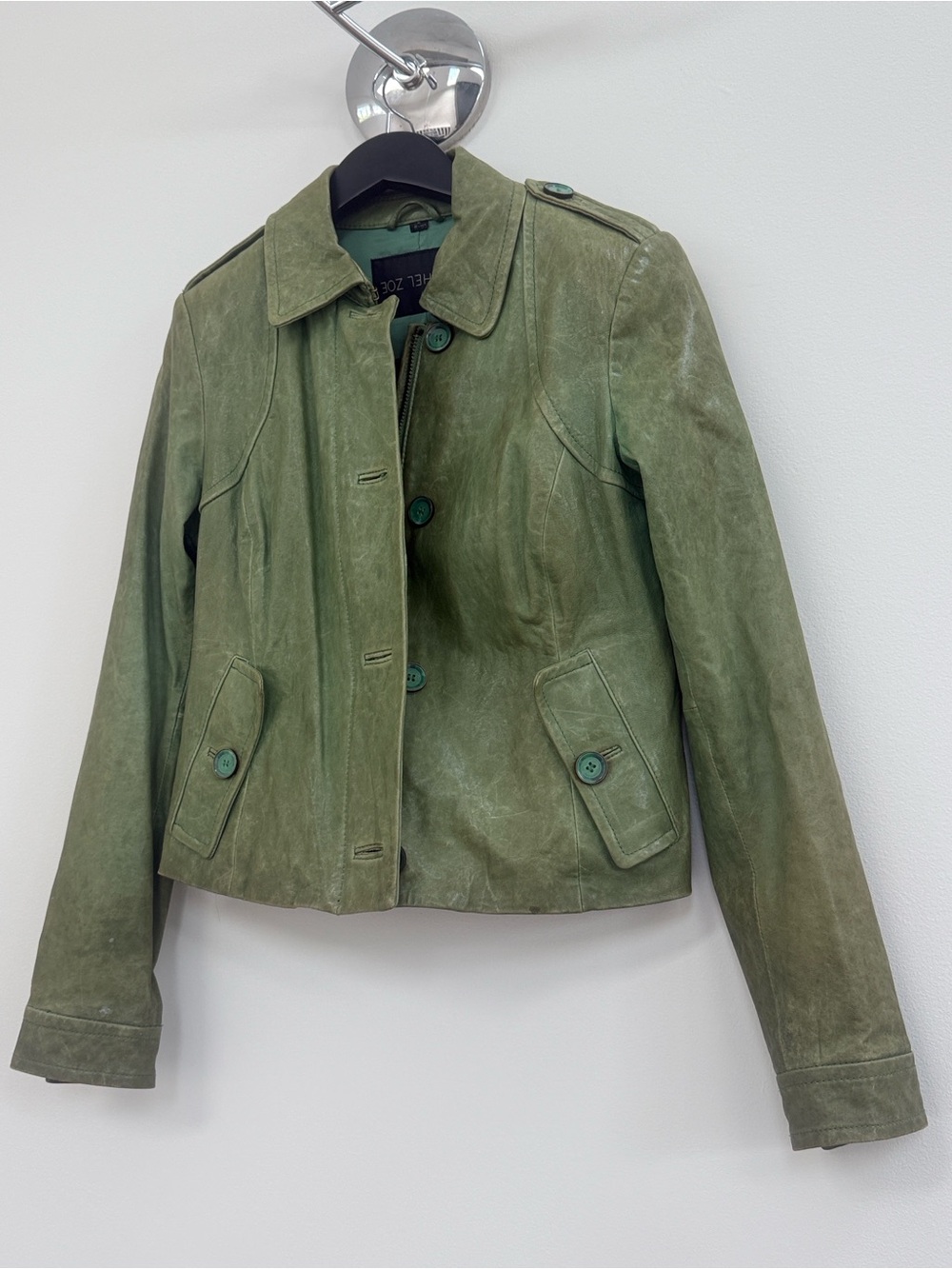 Rachel Zoe Olive Green Leather Button-Front Jacket